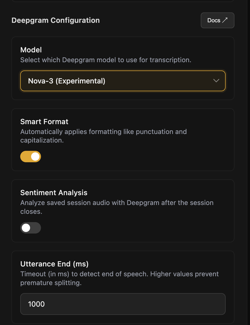 GhostBro Deepgram configuration showing Nova-3 model, smart format, sentiment analysis, and utterance end settings