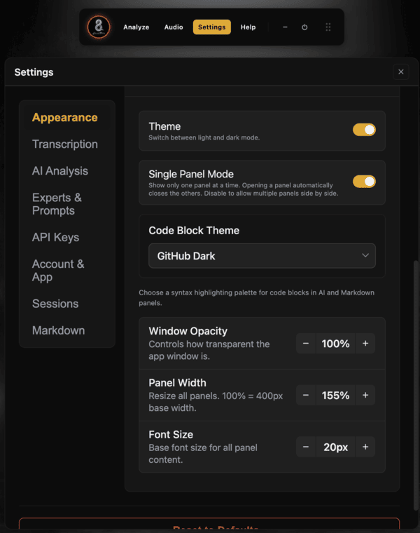 GhostBro Appearance settings showing larger font size and panel width controls