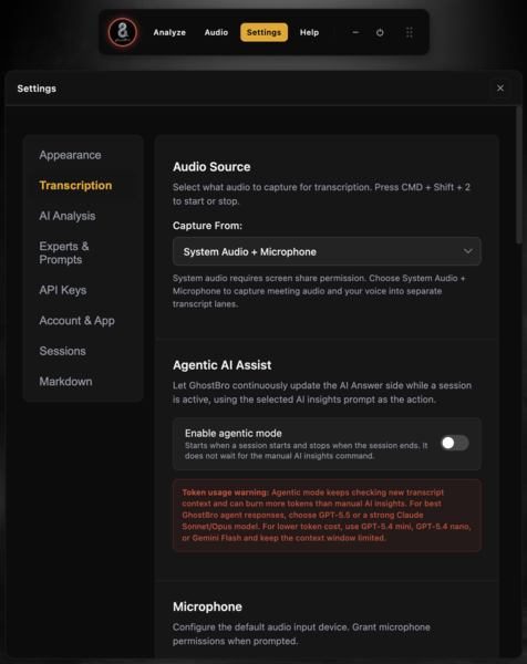 GhostBro Transcription settings overview with audio source and agentic AI assist options