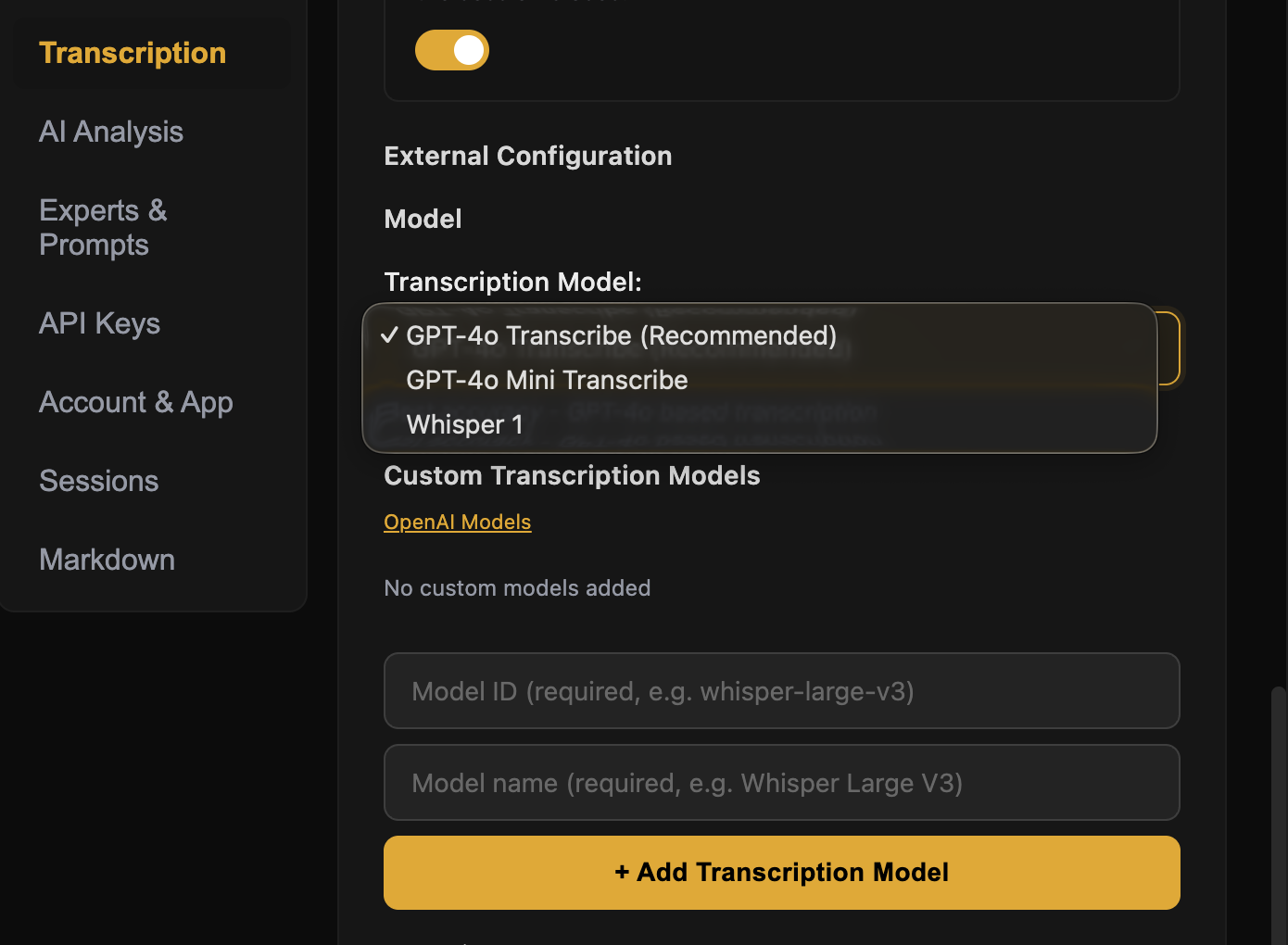 GhostBro OpenAI transcription model selector showing GPT-4o Transcribe, GPT-4o Mini Transcribe, and Whisper 1