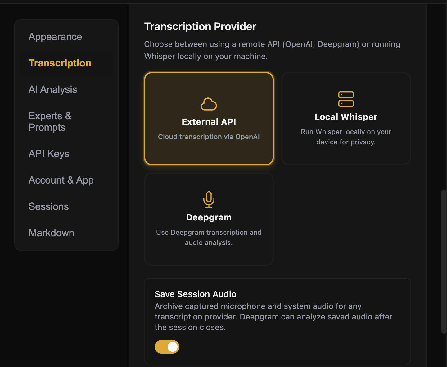 GhostBro transcription provider selector showing External API, Local Whisper, and Deepgram