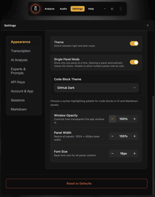 GhostBro Appearance settings showing theme, single panel mode, code block theme, opacity, panel width, and font size controls