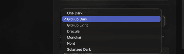 GhostBro code block theme dropdown with GitHub Dark selected