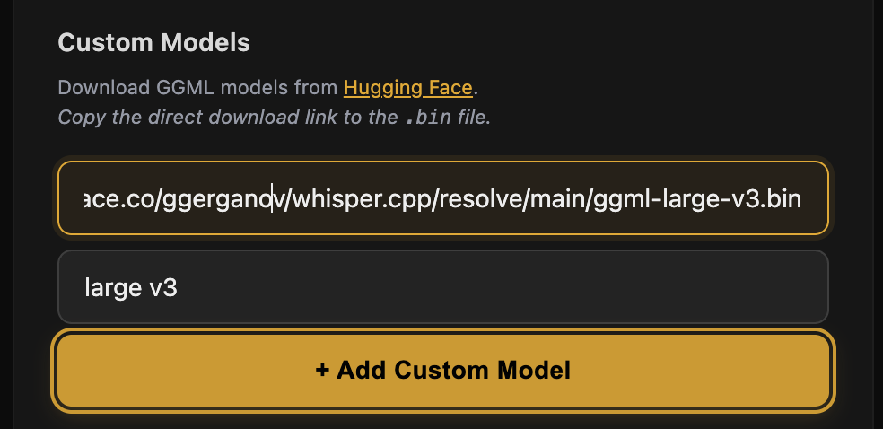 GhostBro custom local Whisper model fields with Hugging Face ggml-large-v3.bin link and model name