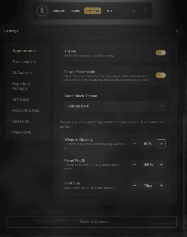 GhostBro Appearance settings with window opacity reduced to 50 percent