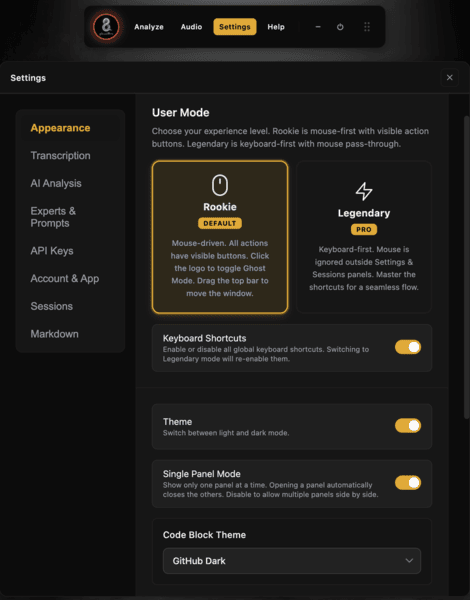 GhostBro Appearance settings in dark mode showing Rookie and Legendary user modes