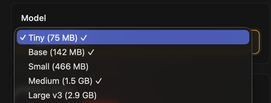 GhostBro local Whisper model dropdown showing Tiny, Base, Small, Medium, and Large v3 models