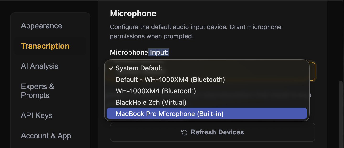 GhostBro microphone input selector with system default, Bluetooth headset, virtual audio, and built-in microphone options