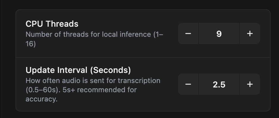 GhostBro Local Whisper CPU threads and update interval settings
