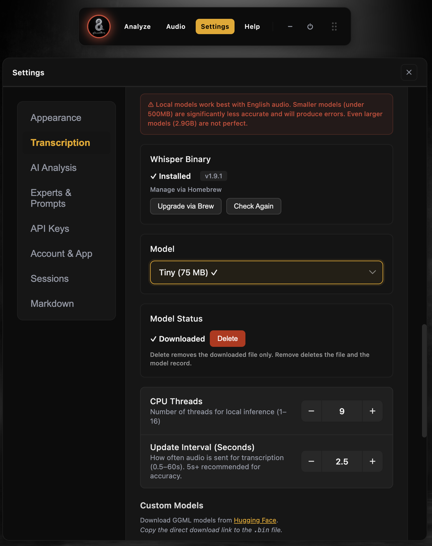 GhostBro Local Whisper settings showing installed binary, selected model, model status, CPU threads, and update interval